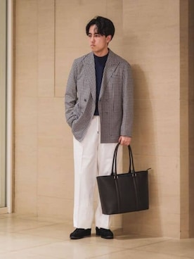 「SUIT SQUARE（スーツスクエア）のGOOVI／ダブルブレストジャケット／ポリエステルリネン／ギンガムチェック（スーツジャケット、グレー系）」を使った、SUIT SQUAREさん（レディース・157cm）の春コーディネート