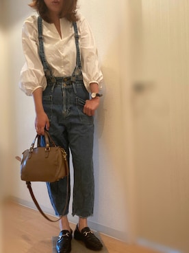 「select MOCA（セレクトモカ）の柔らかく履きやすいフェイクレザーゴールドビット付きローファー（ローファー）」を使った、mee☆さん（レディース・160cm）の夏コーディネート