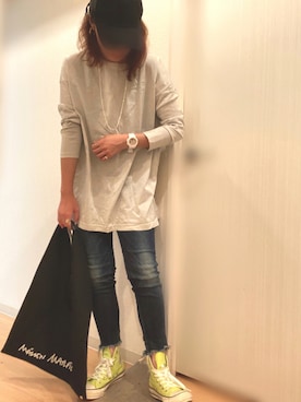 「Ungrid（アングリッド）のインディゴフレイドヘムストスリ（デニムパンツ）」を使った、mee☆さん（レディース・160cm）の秋コーディネート