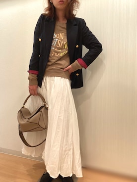 「select MOCA（セレクトモカ）の柔らかく履きやすいフェイクレザーゴールドビット付きローファー（ローファー）」を使った、mee☆さん（レディース・160cm）の秋コーディネート