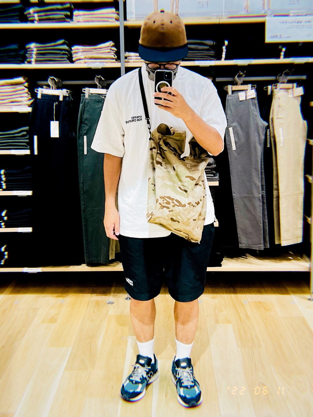 「シンプル、初夏コーデ、カジュアル、休日スタイル、Ｔシャツ、今日のコーデ、夏だ！Tシャツ着よう！、stripes for creative、ZEPTEPI、pwa、New Balance、スニーカー、スニーカーコーデ、CAP、ハーフパンツ」｜「PWAのアイテム（キャップ、ブラウン系）」を使った、927.JPさん（メンズ・174cm）の夏コーディネートの1枚目の写真