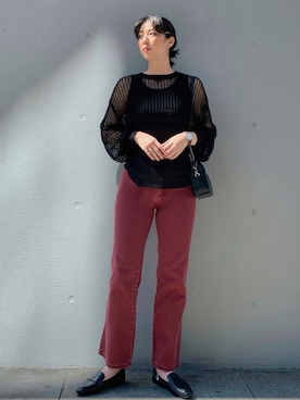 「アイテム（デニムパンツ、レッド系）」を使った、おさやさん（レディース・167cm）の夏コーディネート