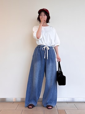 「ITEMS URBANRESEARCH（アイテムズ アーバンリサーチ）の綿麻デニムパンツ（デニムパンツ、ブルー系）」を使った、れいかさん（レディース・153cm）の夏コーディネート