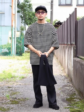 「marka（マーカ）のmarka / マーカ：BASQUE SHIRT S/S - organic cotton knit border -：M22B-12CS01B[COR]（Tシャツ/カットソー）」を使った、ARKnets STAFFさん（メンズ・173cm）の夏コーディネート