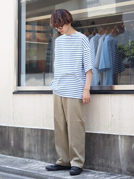 「marka（マーカ）のmarka / マーカ：BASQUE SHIRT S/S - organic cotton knit border -：M22B-12CS01B[COR]（Tシャツ/カットソー）」を使った、ARKnets STAFFさん（メンズ・181cm）の夏コーディネート