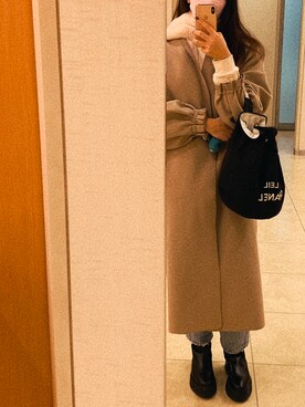 「しまむら（シマムラ）のアイテム（ノーカラーコート）」を使った、maaさん（レディース・161cm）の冬コーディネート