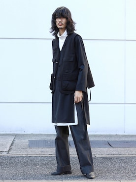 「JOHN LAWRENCE SULLIVAN（ジョンローレンスサリバン）のRIGID DENIM WIDE PANTS（デニムパンツ）」を使った、Ryoさん（メンズ・186cm）の秋コーディネート