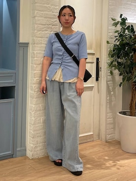 「LOWRYS FARM（ローリーズファーム）のイージーバギーデニム　601067（デニムパンツ、ブルー系）」を使った、Himeさん（レディース・158cm）の夏コーディネート