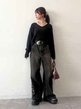 「PBLIM（ページボーイリム）の《UNISEX》ランダムボタンデニム（デニムパンツ、ブラック系）」を使った、きゃぷさん（レディース・157cm）の秋コーディネート