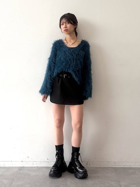 「PAGEBOY（ページボーイ）のスリーピーシャギーVネックカーディガン（カーディガン/ボレロ、ブルー系）」を使った、きゃぷさん（レディース・157cm）の秋コーディネート