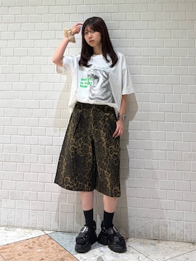 「PBLIM（ページボーイリム）の《UNISEX》ワイドハーフパンツ　レオパード/リアルツリー（デニムパンツ、その他）」を使った、きゃぷさん（レディース・157cm）の春コーディネート