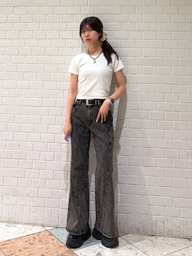 「PAGEBOY（ページボーイ）のモードバックルベルト3（ベルト、ブラック系）」を使った、きゃぷさん（レディース・157cm）の春コーディネート