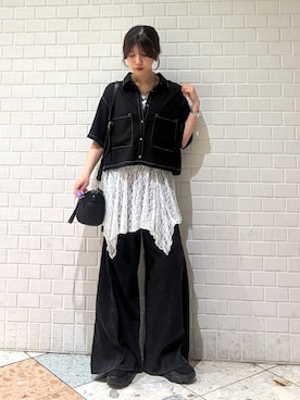 「PAGEBOY（ページボーイ）の＜まるでデニム見え！/紫外線カット/接触冷感/ストレッチ＞マルデニメガレッグパンツ（デニムパンツ、ブラック系）」を使った、きゃぷさん（レディース・157cm）の夏コーディネート