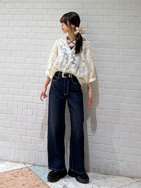 「PAGEBOY（ページボーイ）のモードバックルベルト3（ベルト、ブラック系）」を使った、きゃぷさん（レディース・157cm）の夏コーディネート
