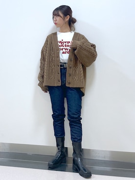 「ケーブルカーディガン」｜「アイテム（ブーツ）」を使った、きゃぷさん（レディース・157cm）の秋コーディネート
