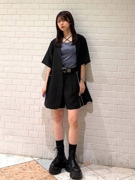 「PAGEBOY（ページボーイ）のモードバックルベルト3（ベルト、ブラック系）」を使った、きゃぷさん（レディース・157cm）の春コーディネート