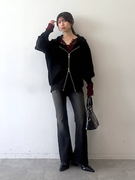 「PAGEBOY（ページボーイ）のダイバースエードパーカー（パーカー、ブラック系）」を使った、きゃぷさん（レディース・157cm）の秋コーディネート