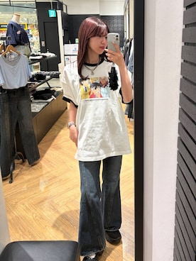 「PAGEBOY（ページボーイ）のスリムレッグフレアデニム【4color/4size】（デニムパンツ、ブルー系）」を使った、きゃぷさん（レディース・157cm）の春コーディネート