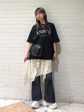 「PAGEBOY（ページボーイ）のアイススウェットロゴT（Tシャツ/カットソー、ブラック系）」を使った、きゃぷさん（レディース・157cm）の春コーディネート