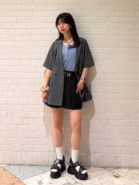 「PAGEBOY（ページボーイ）のモードバックルベルト3（ベルト、ブラック系）」を使った、きゃぷさん（レディース・157cm）の夏コーディネート