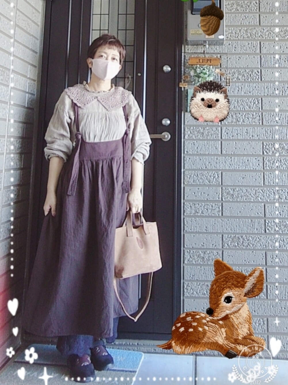 「秋コーデ、サマンサモスモス、つけ襟、サロペットスカート、リンネル付録、ダブルガーゼ、茶系コーデ」｜「リンネルのアイテム（バッグ、ブラウン系）」を使った、SATOMIさん（レディース・160cm）の秋コーディネートの1枚目の写真