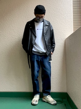 「MONKEY TIME（モンキータイム）のアイテム（ライダースジャケット）」を使った、@TUさん（メンズ・169cm）の秋コーディネート