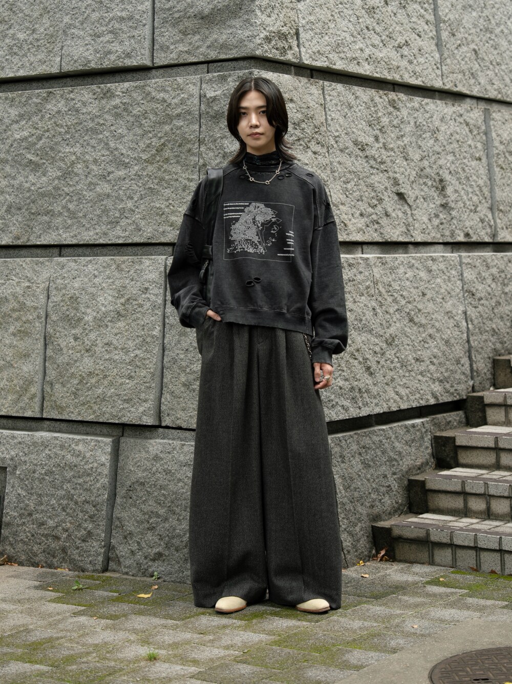 Wide straight herringbone tweed slacks/ワイドストレート