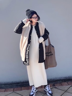 「ニットワンピース」｜「アイテム（MA-1）」を使った、まゆ❤︎さん（レディース・156cm）の冬コーディネート