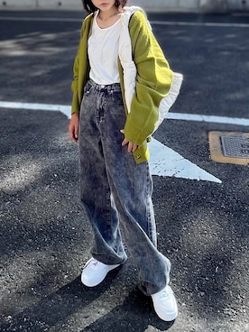 「ANGIE（アンジー）の2WAYオーバーサイズカラーカーディガン（カーディガン/ボレロ）」を使った、まゆ❤︎さん（レディース・156cm）の秋コーディネート