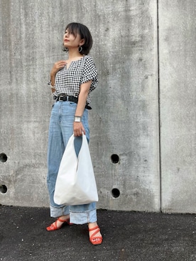 「UNIQLO（ユニクロ）のハイライズワイドストレートジーンズ（デニムパンツ）」を使った、まゆ❤︎さん（レディース・156cm）の夏コーディネート