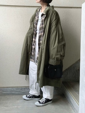 「チェックシャツ」｜「アイテム（モッズコート）」を使った、あやたさん（レディース・152cm）の冬コーディネート