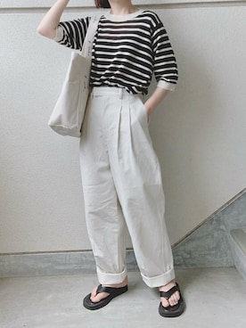 「ボーダーニット」｜「アイテム（チノパンツ）」を使った、あやたさん（レディース・152cm）の春コーディネート