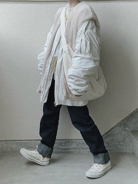 「アイテム（MA-1、ホワイト系）」を使った、あやたさん（レディース・152cm）の秋コーディネート