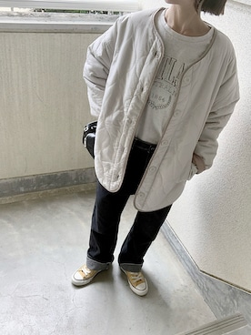 「tiptop（ティップトップ）のアイテム（ノーカラージャケット）」を使った、あやたさん（レディース・152cm）の秋コーディネート