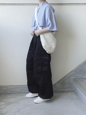 「Libra Cue（リブラ キュー）のハーフスリーブストライプフライヨークシャツ（シャツ/ブラウス）」を使った、あやたさん（レディース・152cm）の夏コーディネート