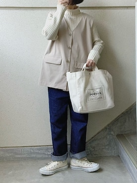 「URBAN RESEARCH（アーバンリサーチ）のTRAVEL COUTURE by LOWERCASE　キャンバストートバッグM（トートバッグ）」を使った、あやたさん（レディース・152cm）の冬コーディネート