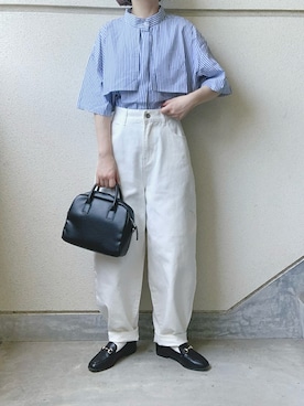 「Libra Cue（リブラ キュー）のハーフスリーブストライプフライヨークシャツ（シャツ/ブラウス）」を使った、あやたさん（レディース・152cm）の夏コーディネート