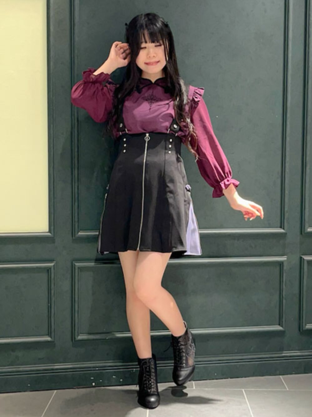 「axes femme、axes femme POETIQUE、低身長、低身長コーデ、150cm台コーデ、フリル、おでかけコーデ、チャイナ、ミニスカート、ミニ丈、サスペンダースカート、サスペンダー」｜「axes femme POETIQUEの調節リボン付ミニペチパンツ（その他アンダーウェア/インナー、ブラック系）」を使った、axes femmeさん（レディース・154cm）の夏コーディネートの1枚目の写真