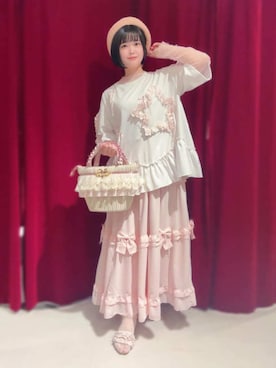 「axes femme（アクシーズファム）のＷリボンシアーインナー（Tシャツ/カットソー、ホワイト系）」を使った、axes femmeさん（レディース・156cm）の夏コーディネート