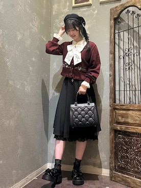 「axes femme（アクシーズファム）のリボンレースブローチ付ベレー（ハット、ブラック系）」を使った、axes femmeさん（レディース・165cm）の秋コーディネート