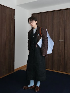 「MHL.（エムエイチエル）のアイテム」を使った、kinoko.さん（レディース・157cm）の冬コーディネート