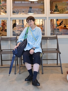 「eL（エル）の【eL】Twill Bermuda Pants/645549（その他パンツ、ブルー系）」を使った、kinoko.さん（レディース・157cm）の夏コーディネート