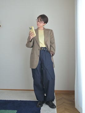 「GU（ジーユー）のアイテム（Tシャツ/カットソー、イエロー系）」を使った、kinoko.さん（レディース・157cm）の夏コーディネート