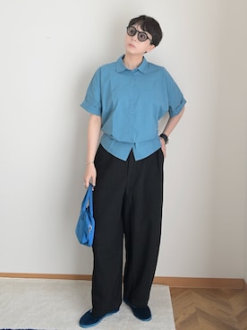 「休日と詩（キュウジツトウタ）のサニーサイドシャツ（シャツ/ブラウス、ブルー系）」を使った、kinoko.さん（レディース・157cm）の夏コーディネート