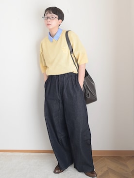 「休日と詩（キュウジツトウタ）の小さなポケットのニット“5分袖”（ニット/セーター、イエロー系）」を使った、kinoko.さん（レディース・157cm）の夏コーディネート
