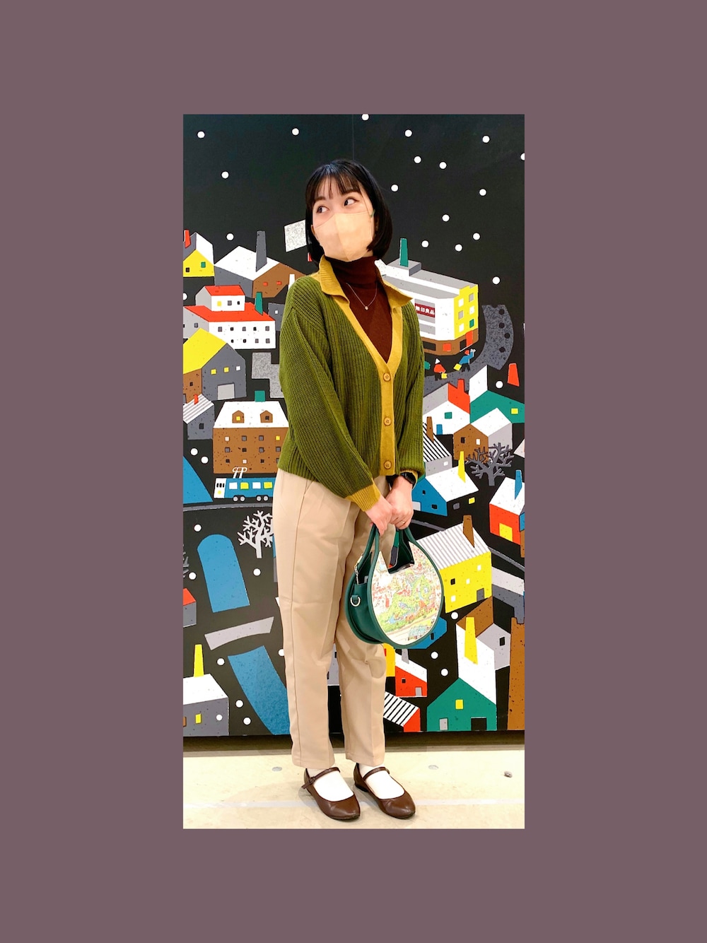 「パンツスタイル、おしゃれさんと繋がりたい、プチプラコーデ、お洒落さんとつながりたい、プチプラ、タートルネック、カーディガン、テーパードパンツ、黒髪ボブ、お買い物、フォローミー、いいね、save、フォローお願いします🤑、冬コーデ、秋冬コーデ」｜「Lejaのタートルリブニットトップス（ニット/セーター、ブラウン系）」を使った、Mahomi𓅯  さん（レディース・162cm）の冬コーディネートの1枚目の写真