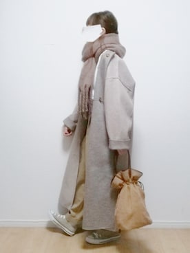 「巾着バッグ」｜「アイテム（ノーカラーコート）」を使った、i-waさん（レディース・153cm）の冬コーディネート