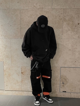「BlackEyePatch（ブラックアイパッチ）のアイテム（キャップ）」を使った、ゲンタさん（メンズ・178cm）の冬コーディネート