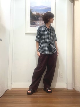 「FORK&SPOON（フォークアンドスプーン）のFORK&SPOON　コットンレーヨンチェックシャツ（シャツ/ブラウス、ホワイト系）」を使った、たぐまさやこさん（レディース・158cm）の夏コーディネート