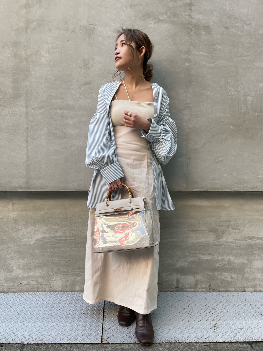 「大人カジュアル、今日のコーデ、春夏コーデ、ストライプ、シャツスタイル、低身長、低身長コーデ、カジュアルコーデ、きれいめカジュアル、スカート、グリーン」｜「natural coutureの旬コーデが決まる　ダブル釦シャツ（シャツ/ブラウス、グリーン系）」を使った、ちびまる ◎さん（レディース・142cm）の春コーディネートの1枚目の写真